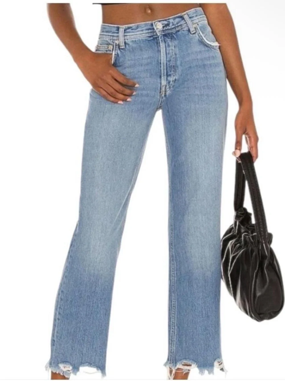 NWOT Free People Maggie Mid Rise Light Blue Cropped Frayed-Hem Jeans